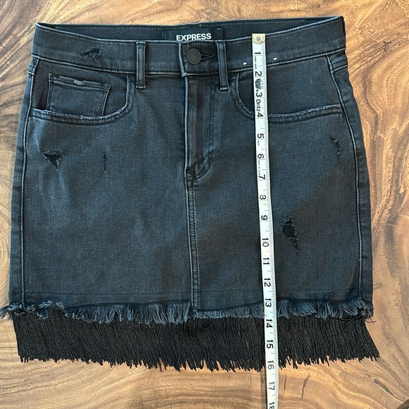 Express Straight Mini mid rise jean skirt with fringe - Picture 12 of 15